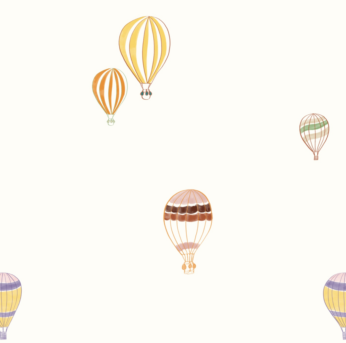 Zoom sur le motif du papier peint Edgard avec des illustrations de montgolfières colorées sur fond blanc.