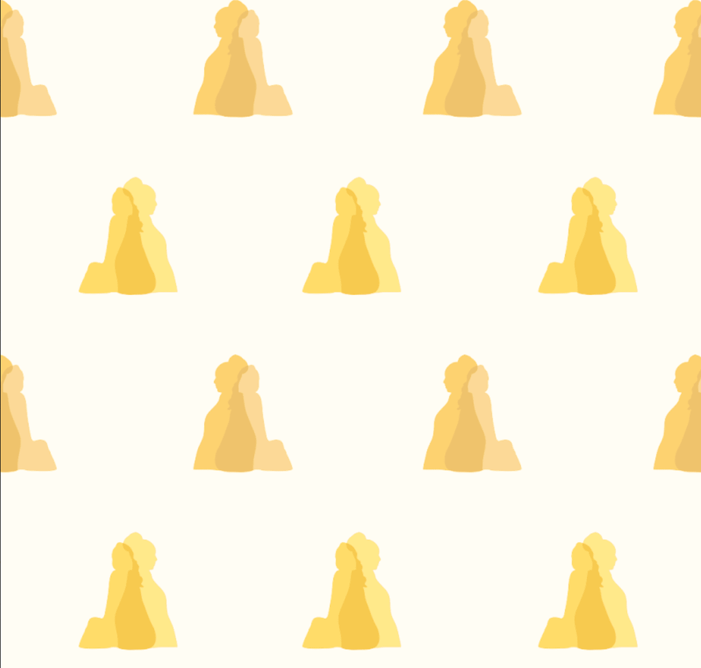 Zoom sur le papier peint Estime de soi à motifs géométriques jaunes au-dessus d'un lambris jaune, près d'un lit et d'une lampe rouge.