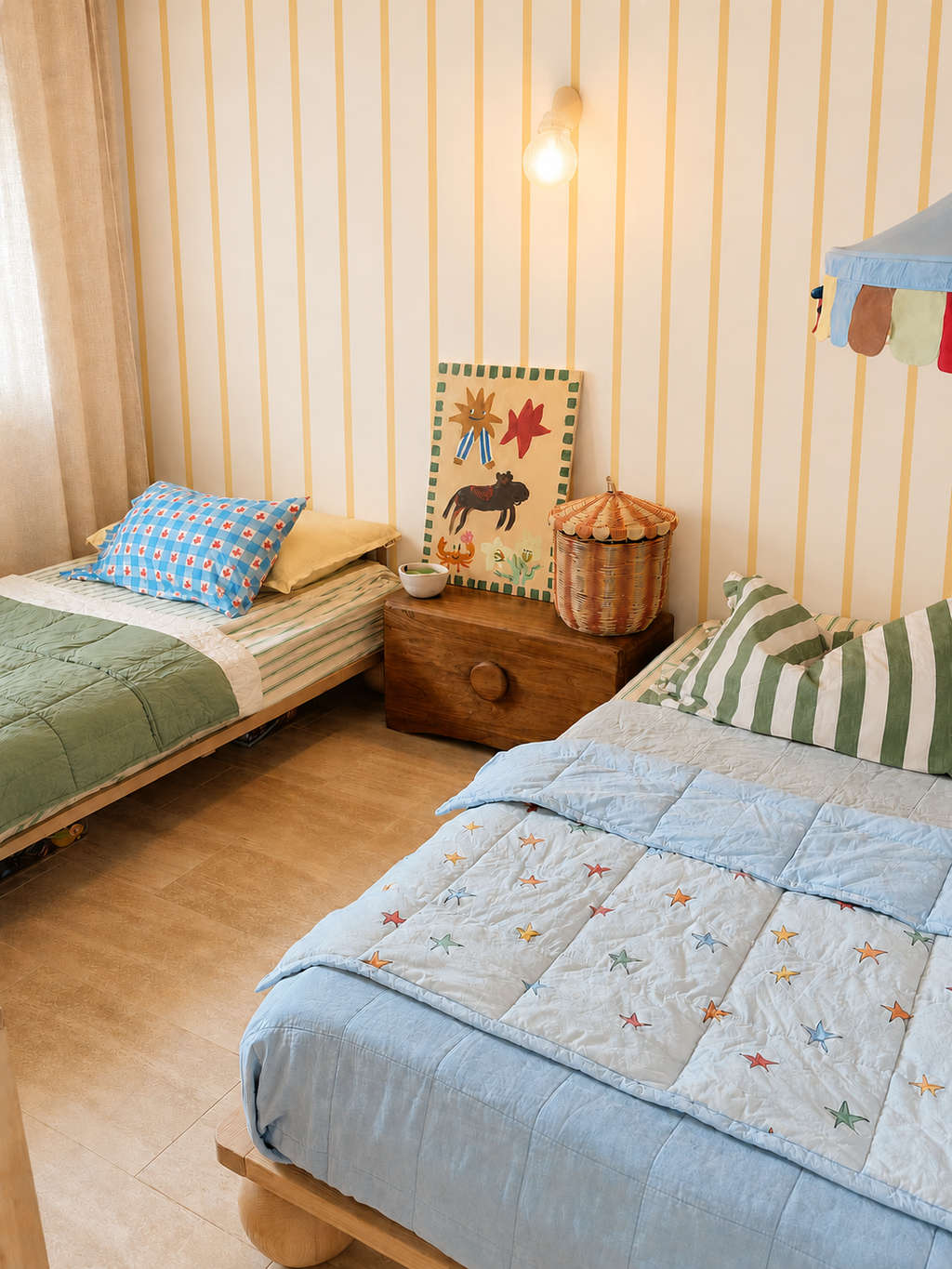 Papier peint Sandra à rayures jaunes, posé dans une chambre d'enfant avec deux lits et une table de chevet en bois.