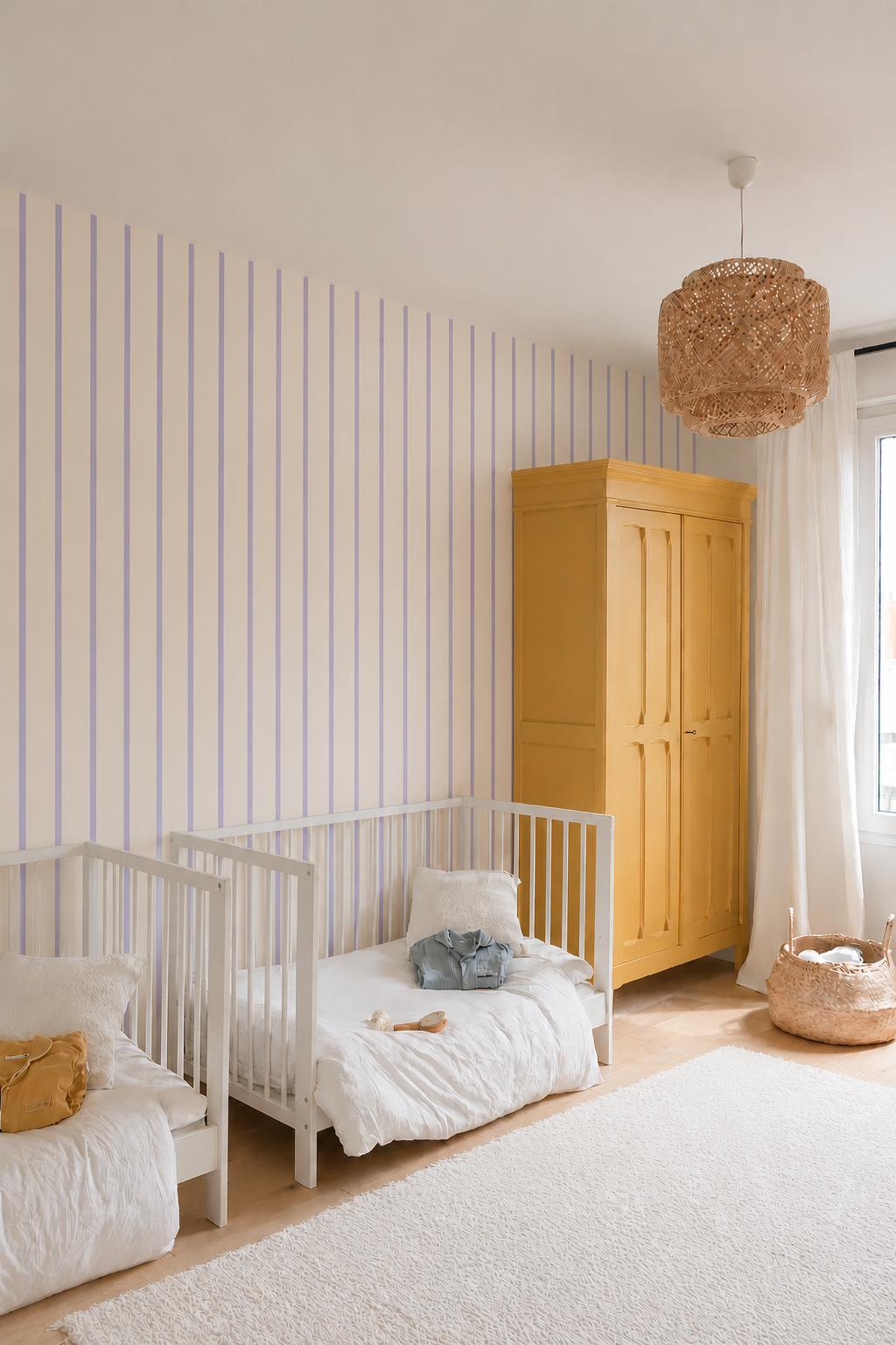 Papier peint Violette à rayures mauves dans une chambre de bébé enfant, avec berceau blanc, armoire jaune et lustre en rotin.