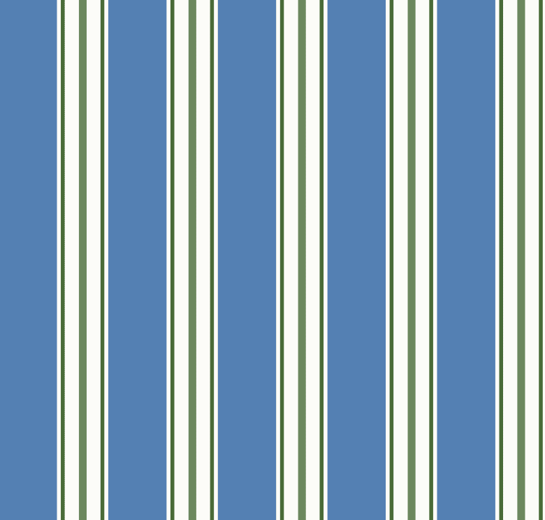Gros plan sur l'échantillon du papier peint Gabin avec motif rayures verticales bleues vertes et blanches 