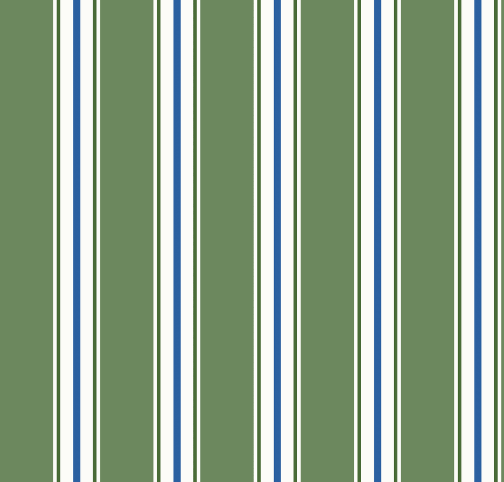 Gros plan de l'échantillon Caroline papier peint à motif rayures verticales vertes bleues et blanches 