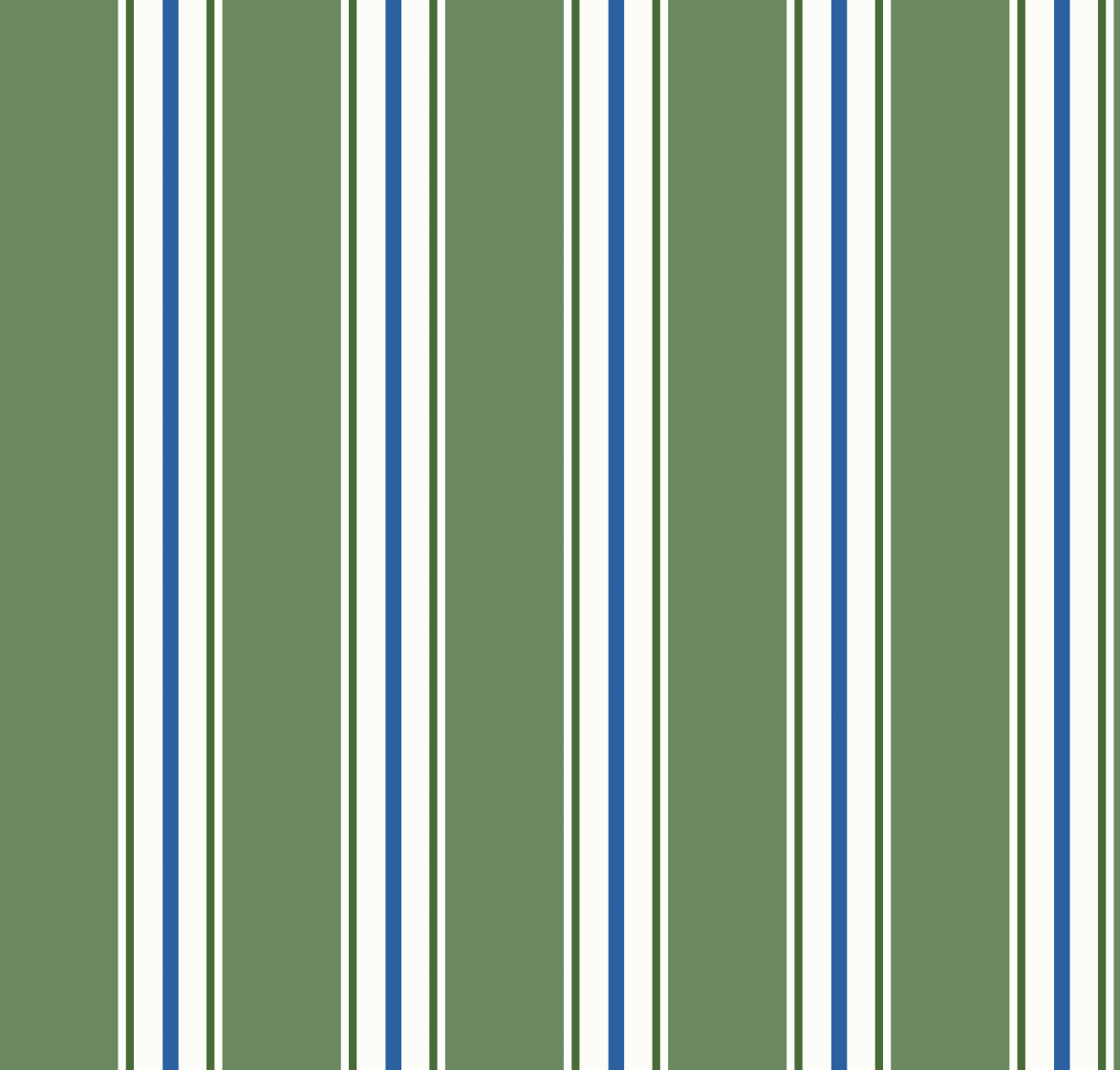 Gros plan de l'échantillon Caroline papier peint à motif rayures verticales vertes bleues et blanches 