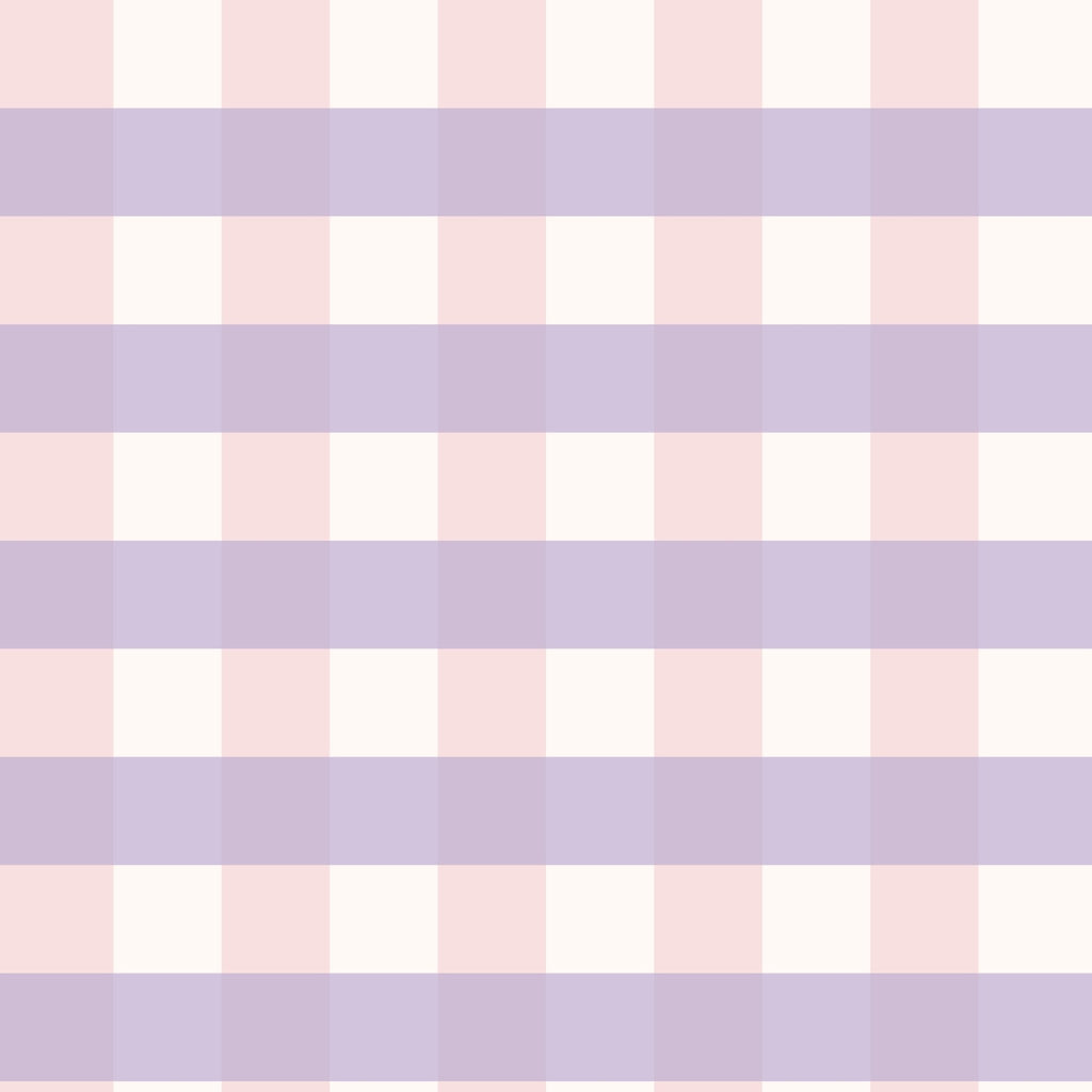 Gros plan de l'échantillon Alice motif vichy carreaux mauves roses et blancs papier peint chambre fille 