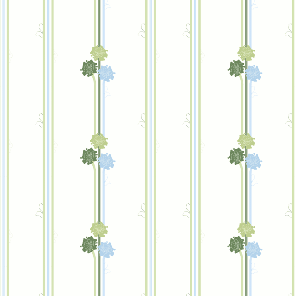 Zoom sur l'échantillon du papier peint Famille & Santé à rayures vertes et bleues, dans une pièce aux murs vert sauge — Laura Payen x Shinystep