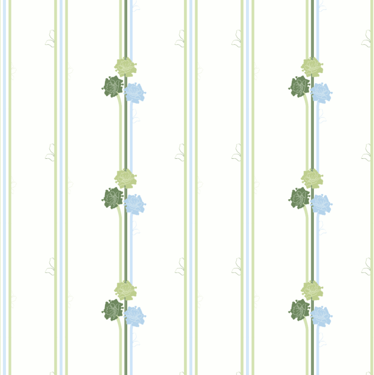 Zoom sur l'échantillon du papier peint Famille & Santé à rayures vertes et bleues, dans une pièce aux murs vert sauge — Laura Payen x Shinystep