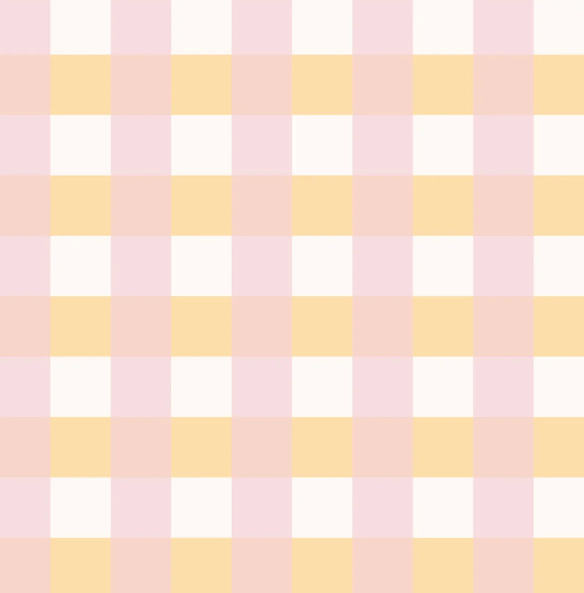 Gros plan sur le motif à carreaux vichy pastel rose, jaune et blanc du papier peint modèle Dalia.