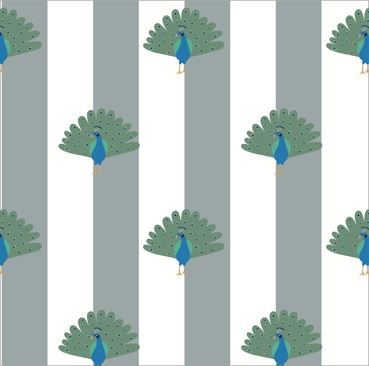 Gros plan sur le motif du papier peint modèle Léon : paons bleus et verts sur un fond à rayures verticales grises et blanches.