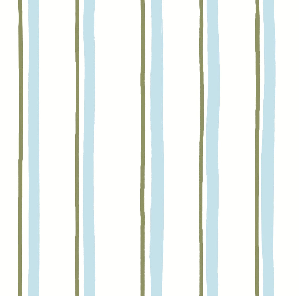 Gros plan sur le motif du papier peint Celeste, à lignes bleues et vertes sur fond blanc.
