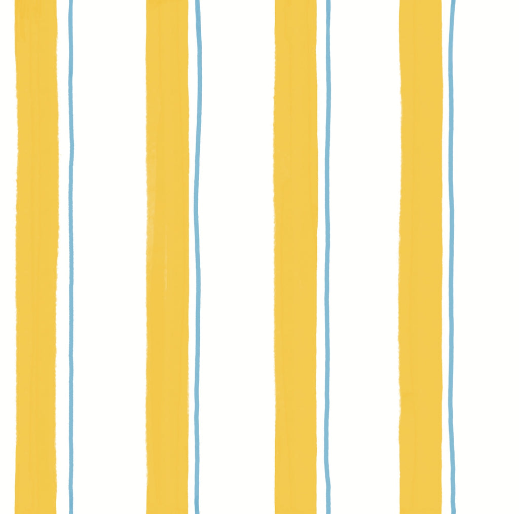 Gros plan sur le motif du papier peint Victor, composé de larges rayures jaunes et de fines lignes bleues claires sur fond blanc.
