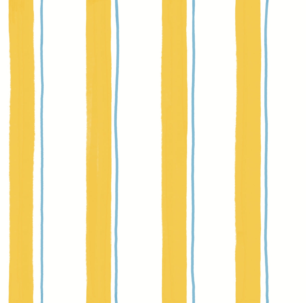 Gros plan sur le motif du papier peint Victor, composé de larges rayures jaunes et de fines lignes bleues claires sur fond blanc.
