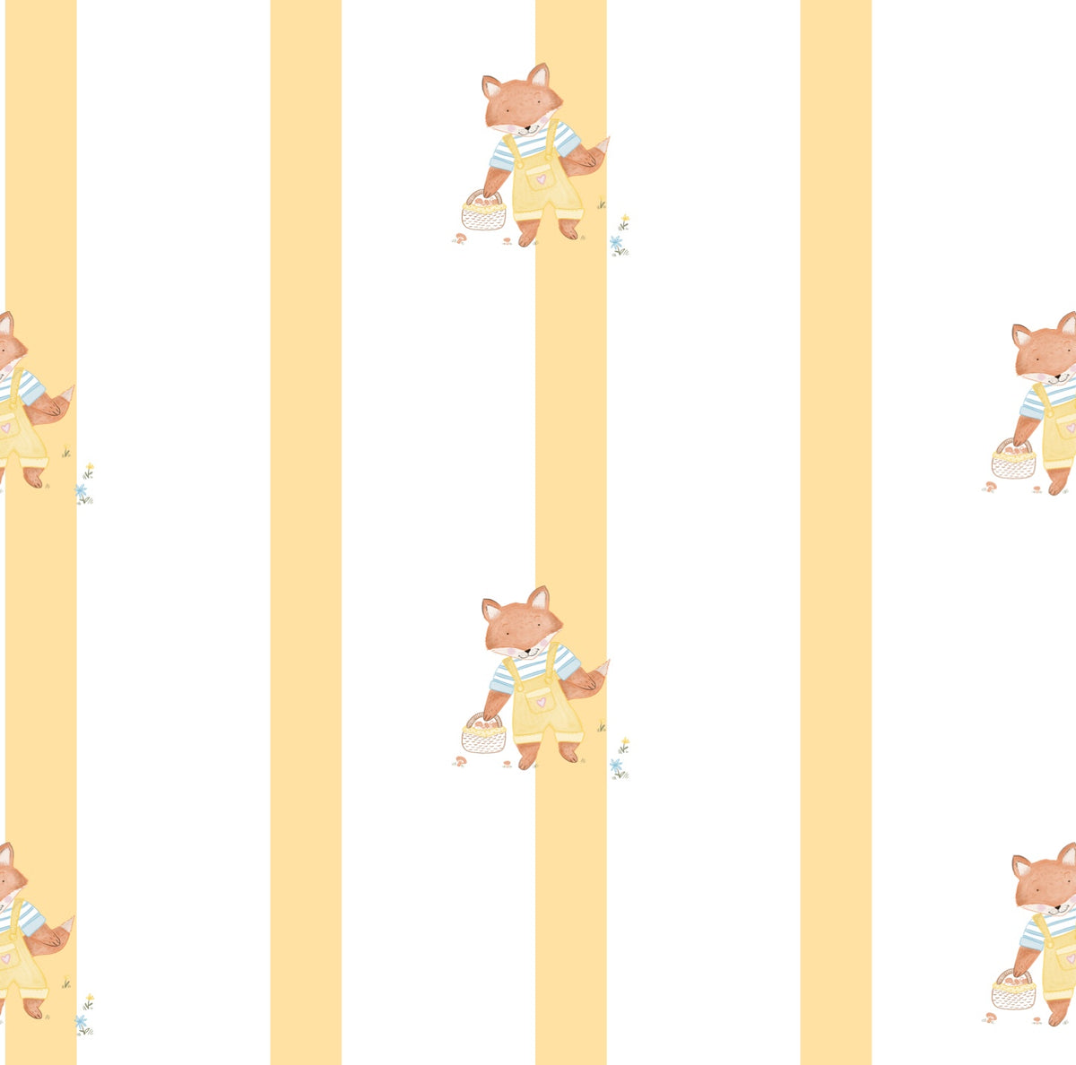 Gros plan sur le motif du papier peint Joy, avec des rayures verticales jaunes et une illustration d'un petit renard portant une salopette et un panier.