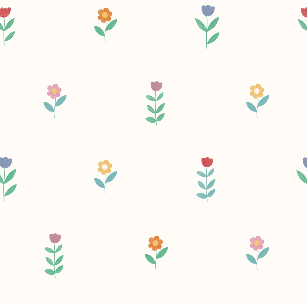 Gros plan sur le motif du papier peint Juliette, parsemé de petites fleurs colorées sur fond blanc.