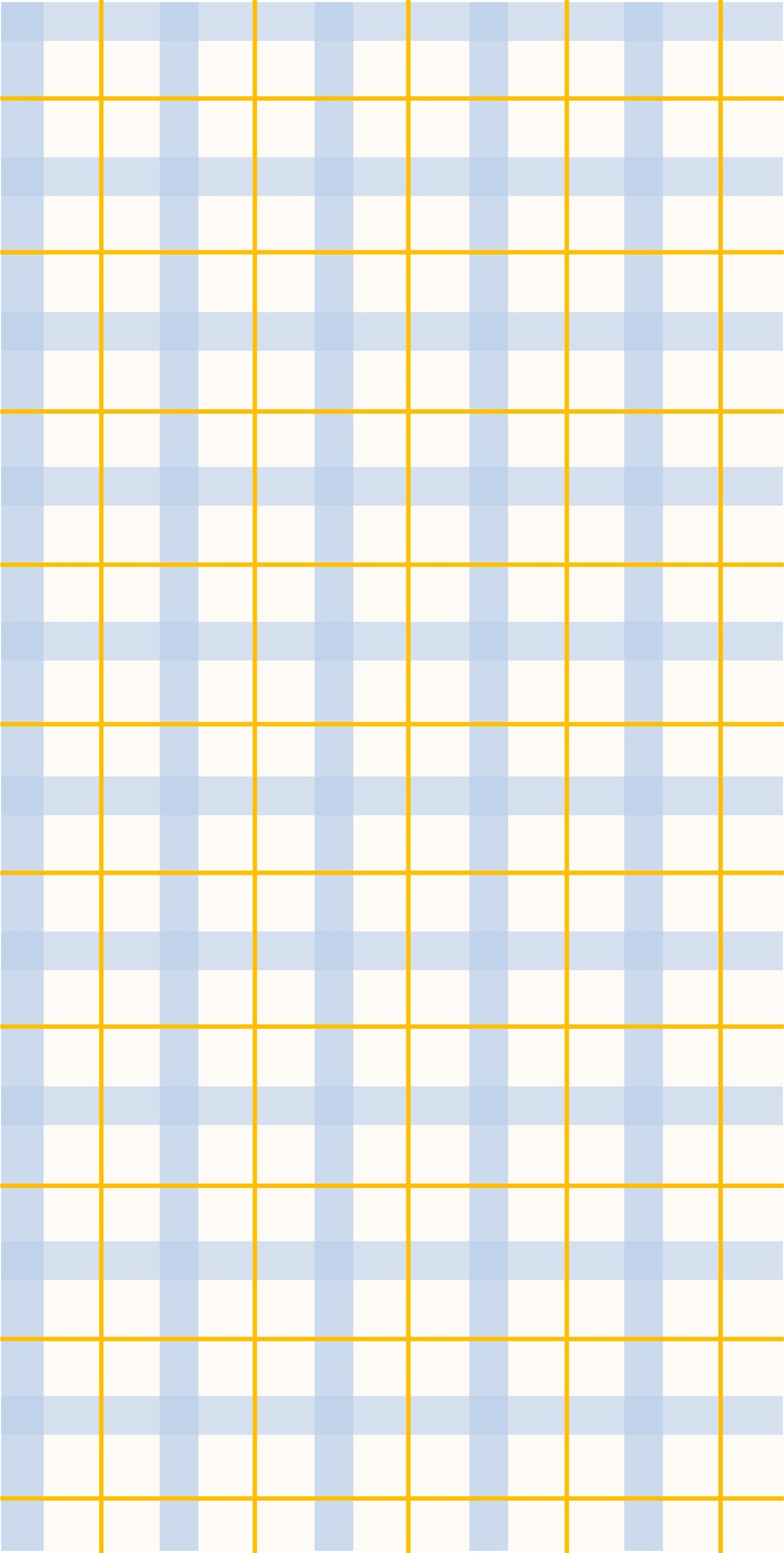 Gros plan sur le motif quadrillé bleu et jaune du papier peint modèle Auguste.