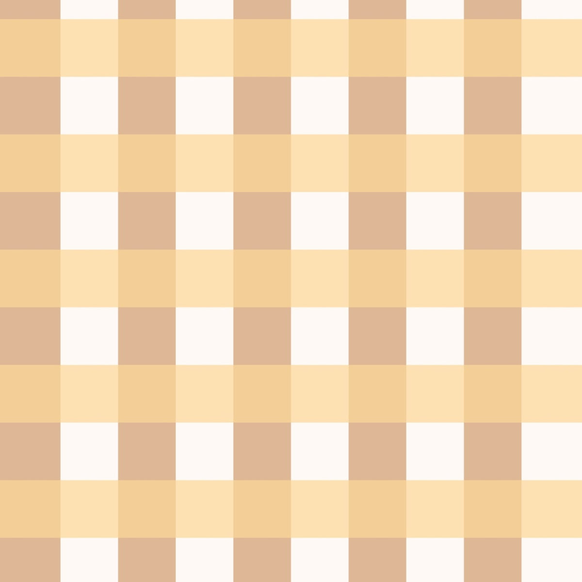Détail du motif vichy à carreaux camel et beiges du papier peint Lola sur fond blanc.