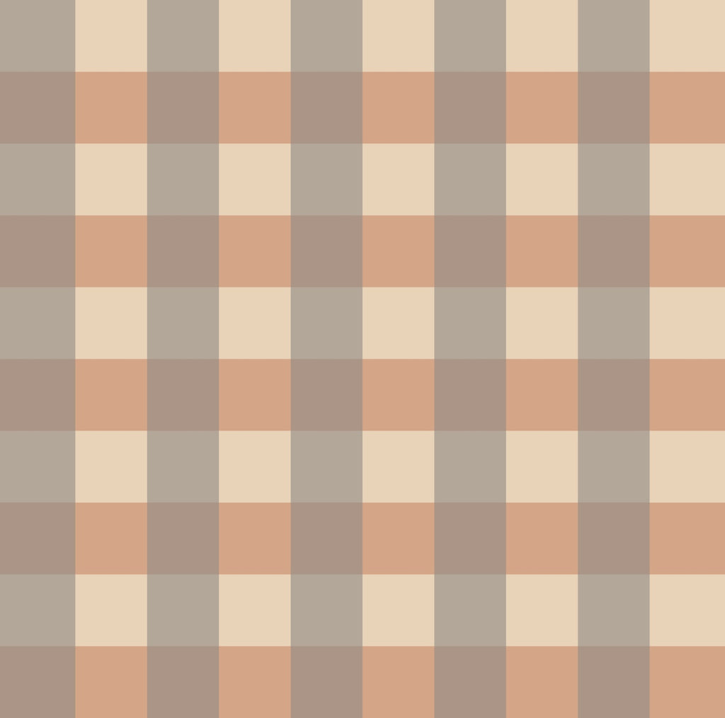 Gros plan sur le motif à carreaux vichy gris et marron du papier peint modèle Karl.
