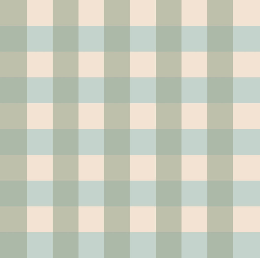 Gros plan sur le motif à carreaux vichy vert et bleu du papier peint modèle Brieuc.