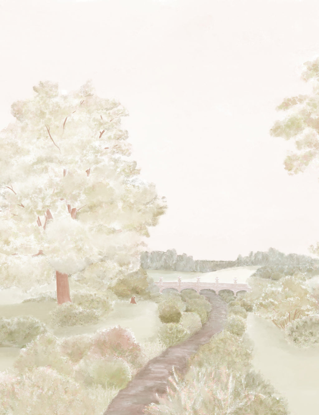 Gros plan sur le décor du papier peint panoramique Edouard, illustrant un paysage de forêt peint à l'aquarelle dans des tons pastel avec un chemin menant vers un pont en pierre.