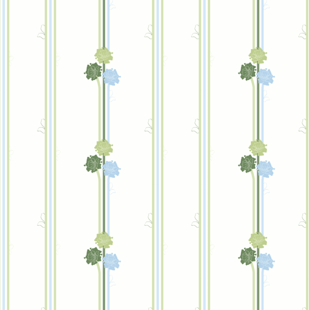 Zoom Papier peint Famille & Santé à rayures vertes et bleues, dans une pièce aux murs vert sauge — Laura Payen x Shinystep
