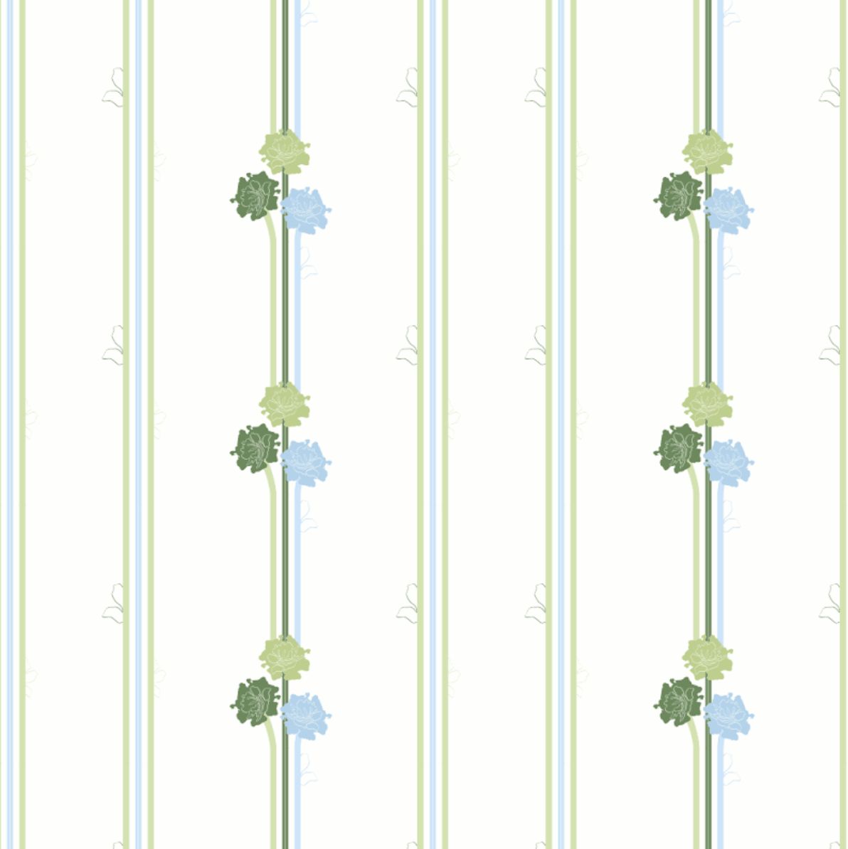Zoom Papier peint Famille & Santé à rayures vertes et bleues, dans une pièce aux murs vert sauge — Laura Payen x Shinystep